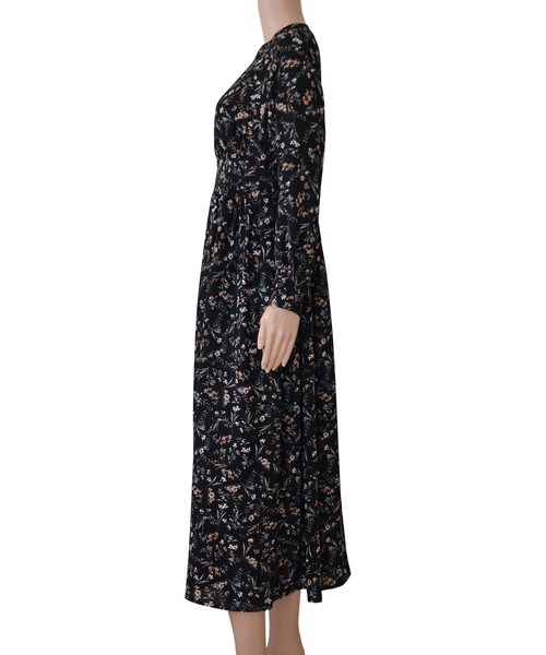 Lace Ladies ワンピース 花柄フレア 長袖 Vネック ロング