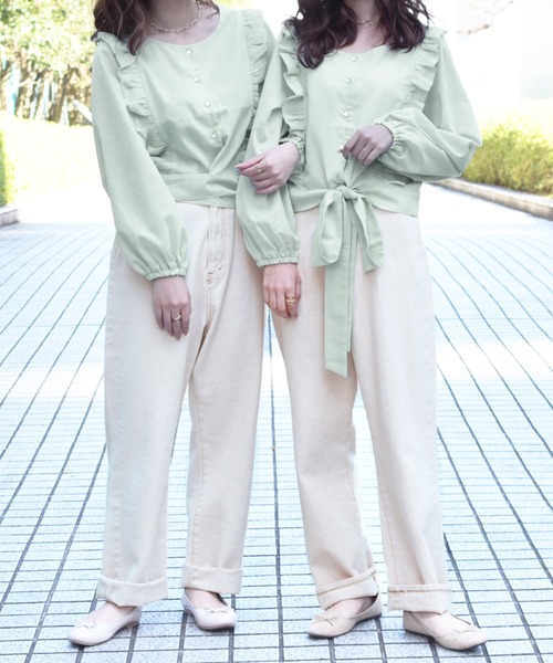 PairPair（ペアペア）の「フリルリボンブラウス（シャツ/ブラウス・レディース・ライトグリーン/ライトベージュ/オフホワイト・FREE）」の6枚目の写真