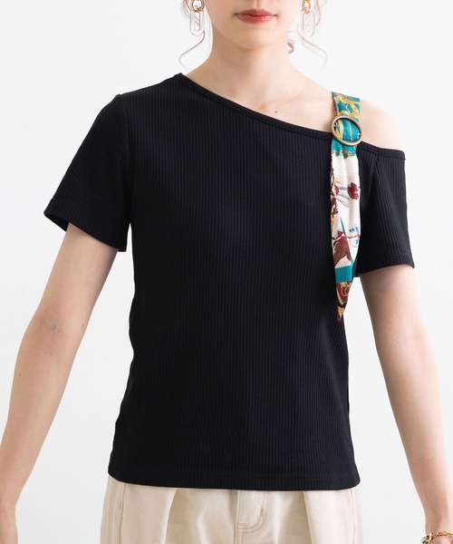 Newlyme（ニューリーミー）の「スカーフ付きワンショルリブトップス（Tシャツ/カットソー・レディース・ブラック/ベージュ/オフホワイト/パープル/ブルー系その他/ブルー/ブラック系その他/ベージュ系その他/ホワイト系その他・MEDIUM/LARGE/X-LARGE）」の20枚目の写真