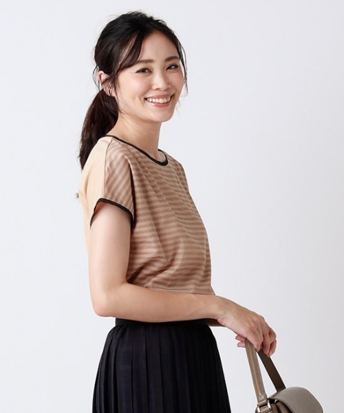NEWYORKER(ニューヨーカー)の「【接触冷感/UVカット/吸水速乾】シアボーダーシフォンカットソー(Tシャツ/カットソー・レディース・オレンジ系その他/ホワイト/ライトグリーン・M/L)」の3枚目の写真