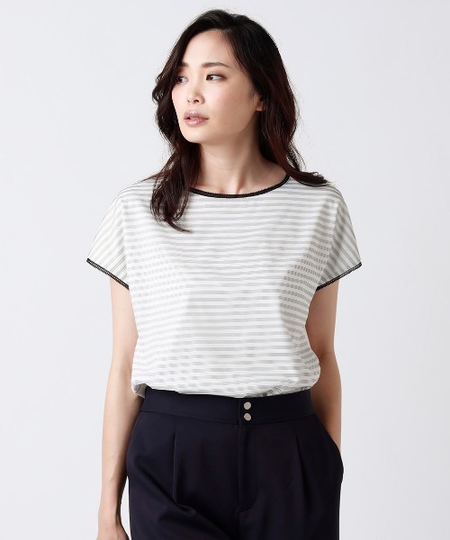 NEWYORKER(ニューヨーカー)の「【接触冷感/UVカット/吸水速乾】シアボーダーシフォンカットソー(Tシャツ/カットソー・レディース・オレンジ系その他/ホワイト/ライトグリーン・M/L)」の2枚目の写真