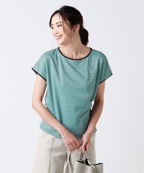 NEWYORKER(ニューヨーカー)の「【接触冷感/UVカット/吸水速乾】シアボーダーシフォンカットソー(Tシャツ/カットソー・レディース・オレンジ系その他/ホワイト/ライトグリーン・M/L)」の1枚目の写真