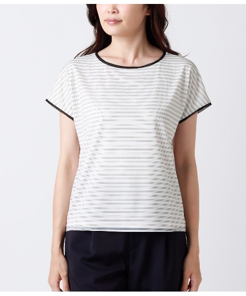 NEWYORKER(ニューヨーカー)の「【接触冷感/UVカット/吸水速乾】シアボーダーシフォンカットソー(Tシャツ/カットソー・レディース・オレンジ系その他/ホワイト/ライトグリーン・M/L)」の9枚目の写真