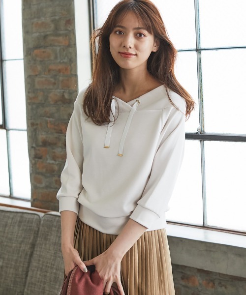 12Twelve Agenda(トゥエルブ アジェンダ)の「フード風7分袖P/O(Tシャツ/カットソー・レディース・チャコールグレー/ピンク/アイボリー・M)」の2枚目の写真