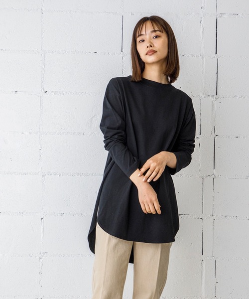 CIENA（シエナ）の「日本製　USAコットンラウンドヘムサイドスリットロンT（Tシャツ/カットソー・レディース・ブラック/チャコールグレー/オフホワイト/ベージュ・FREE）」の8枚目の写真