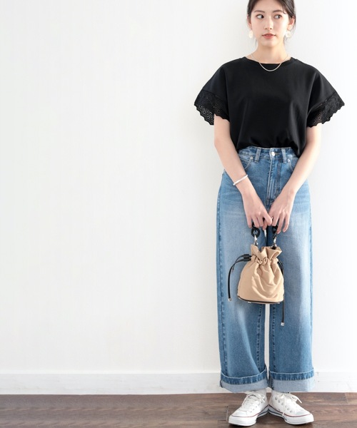 classicalelf（クラシカルエルフ）の「綿100％、光沢で上品に。大人が着る、袖レースプルオーバー（Tシャツ/カットソー・レディース・ホワイト/ブラック/ブルーグリーン/グレイッシュベージュ・MEDIUM/LARGE/X-LARGE/SMALL）」の14枚目の写真