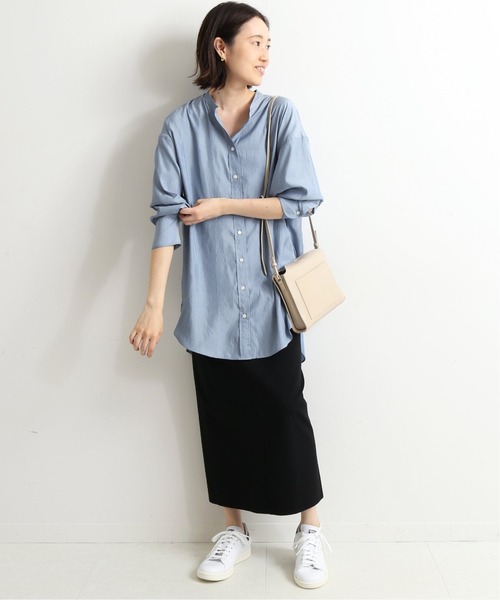 セール】ワッシャーサテンバンドカラーシャツ【手洗い可能