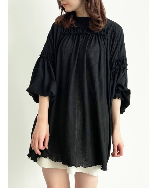 SLURR（スラ―）の「2wayシアーリブギャザーパフスリーブチュニック（チュニック・レディース・ブラック/オフホワイト/ピンクベージュ・FREE）」の7枚目の写真