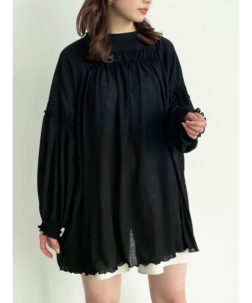 SLURR（スラ―）の「2wayシアーリブギャザーパフスリーブチュニック（チュニック・レディース・ブラック/オフホワイト/ピンクベージュ・FREE）」の8枚目の写真