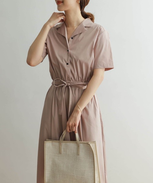 O477アーバンリサーチロングシャツワンピース長袖ピンクベージュ無地コットン綿春 URBAN RESEARCH ITEMS｜ピケロングシャツワンピース | Rakuten