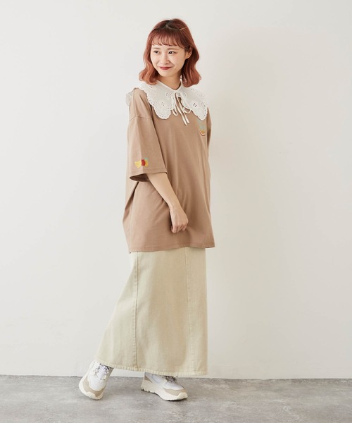 timecapsule（タイムカプセル）の「【timecapsule】「Oishi Gyunyu Nomitai」牛乳フルーツプリント半袖ビッグTシャツ（Tシャツ/カットソー・レディース・ホワイト/モカ/ベージュ系その他/ライトベージュ・FREE）」の7枚目の写真