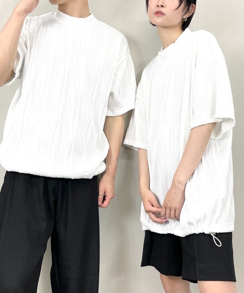 Chikashitsu +(チカシツプラス)の「【Chikashitsu +/チカシツプラス】set up pleats half sleeve tee/セットアップ プリーツ ハーフ スリーブ ティー 裾絞り ドローコード(その他トップス・メンズ・ホワイト/ブラック・ONE SIZE)」の2枚目の写真
