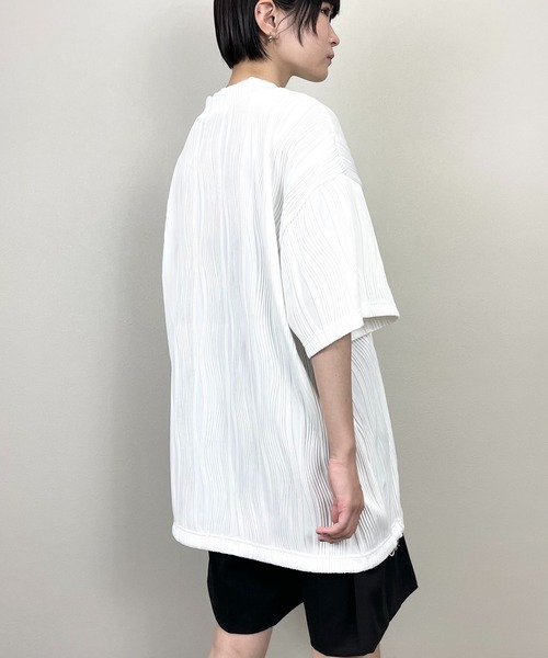 Chikashitsu +(チカシツプラス)の「【Chikashitsu +/チカシツプラス】set up pleats half sleeve tee/セットアップ プリーツ ハーフ スリーブ ティー 裾絞り ドローコード(その他トップス・メンズ・ホワイト/ブラック・ONE SIZE)」の8枚目の写真