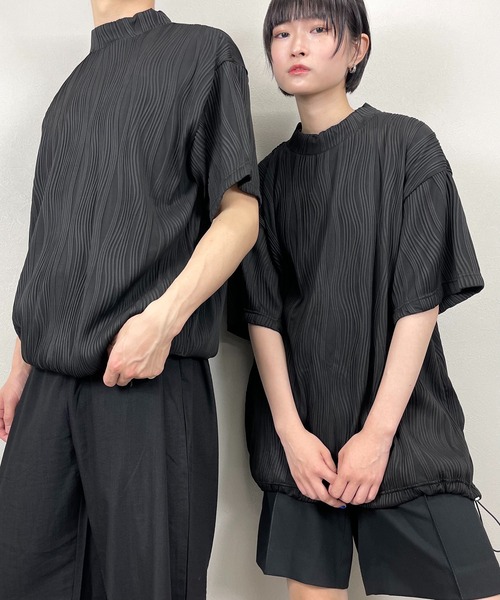 Chikashitsu +(チカシツプラス)の「【Chikashitsu +/チカシツプラス】set up pleats half sleeve tee/セットアップ プリーツ ハーフ スリーブ ティー 裾絞り ドローコード(その他トップス・メンズ・ホワイト/ブラック・ONE SIZE)」の22枚目の写真