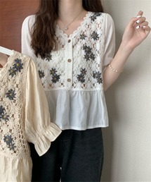 透かし刺繍編みコットンレースブラウス