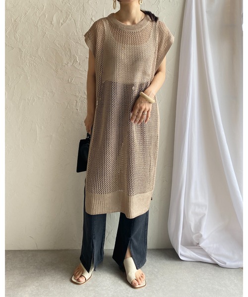 セール】メッシュニットサイドスリット入りフレンチスリーブ