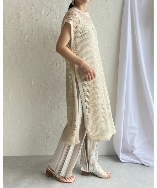 セール】メッシュニットサイドスリット入りフレンチスリーブ