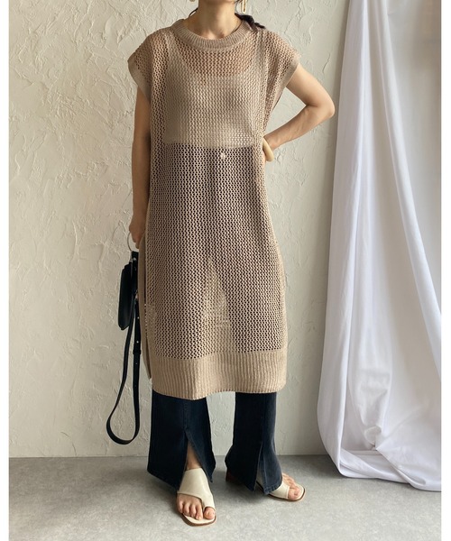 セール】メッシュニットサイドスリット入りフレンチスリーブ