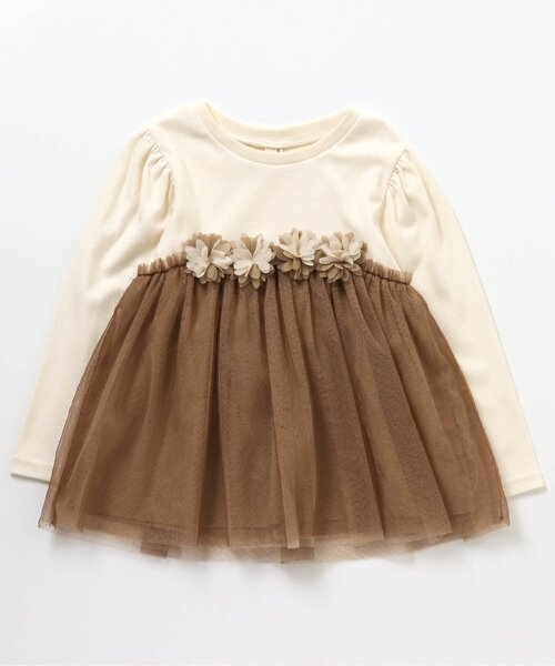 apres les cours(アプレレクール)の「お花モチーフ付きチュールTシャツ(Tシャツ/カットソー・キッズ・ピンク/ベージュ/グレー・130/120/80/140/100/90/110)」の2枚目の写真