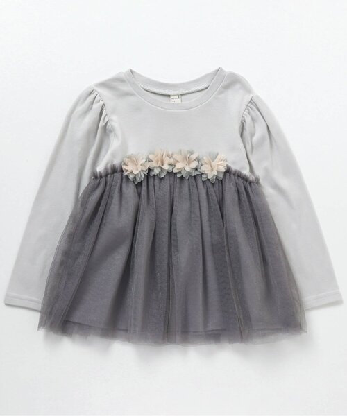 apres les cours(アプレレクール)の「お花モチーフ付きチュールTシャツ(Tシャツ/カットソー・キッズ・ピンク/ベージュ/グレー・130/120/80/140/100/90/110)」の1枚目の写真