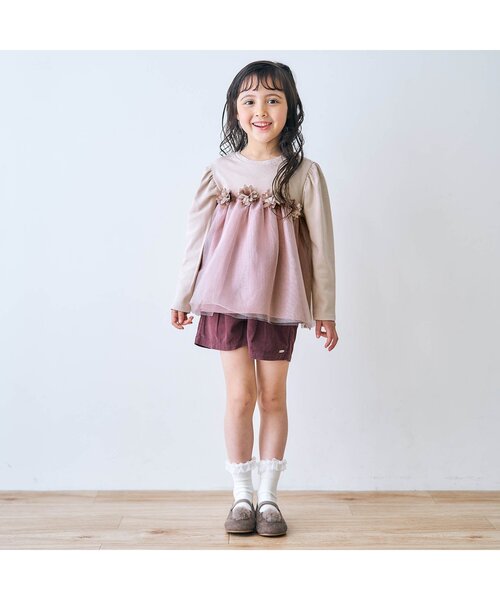 apres les cours(アプレレクール)の「お花モチーフ付きチュールTシャツ(Tシャツ/カットソー・キッズ・ピンク/ベージュ/グレー・130/120/80/140/100/90/110)」の4枚目の写真