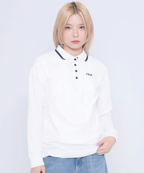 FILA（フィラ）の「FILA/フィラ WEB限定 ワンポイント ロゴ刺繍 綿100% 衿ライン ボタンダウン 長袖 ポロシャツ（ポロシャツ・レディース・ホワイト/ブラック/ネイビー/ダークグリーン・M/L/LL）」の14枚目の写真