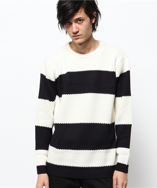 Lui's（ルイス）の「Lui's 編柄切替ボーダーニット（ニット/セーター・メンズ・ネイビー/ブラック/ホワイト・MEDIUM/SMALL）」の3枚目の写真