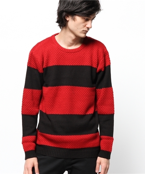 Lui's（ルイス）の「Lui's 編柄切替ボーダーニット（ニット/セーター・メンズ・ネイビー/ブラック/ホワイト・MEDIUM/SMALL）」の2枚目の写真