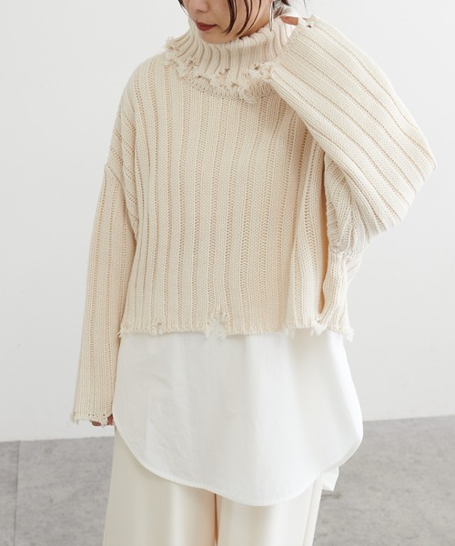 BONbazaar（ボンバザール）の「ショート丈ダメージBIGニット（ニット/セーター・レディース・ブラック/カーキ/ホワイト系その他・FREE）」の9枚目の写真