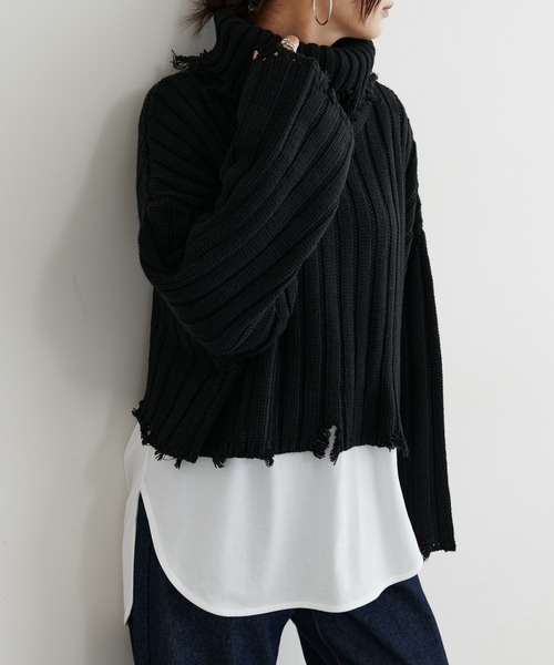 BONbazaar（ボンバザール）の「ショート丈ダメージBIGニット（ニット/セーター・レディース・ブラック/カーキ/ホワイト系その他・FREE）」の21枚目の写真