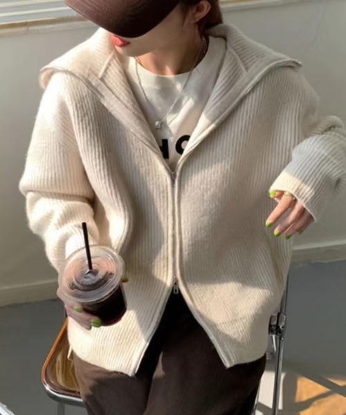 Girly Doll（ガーリードール）の「ジップニットジャケット（ニット/セーター・レディース・ライトグレー/ブラック/オフホワイト/ボルドー/モカ・FREE）」の2枚目の写真