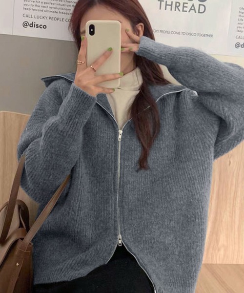 Girly Doll（ガーリードール）の「ジップニットジャケット（ニット/セーター・レディース・ライトグレー/ブラック/オフホワイト/ボルドー/モカ・FREE）」の4枚目の写真