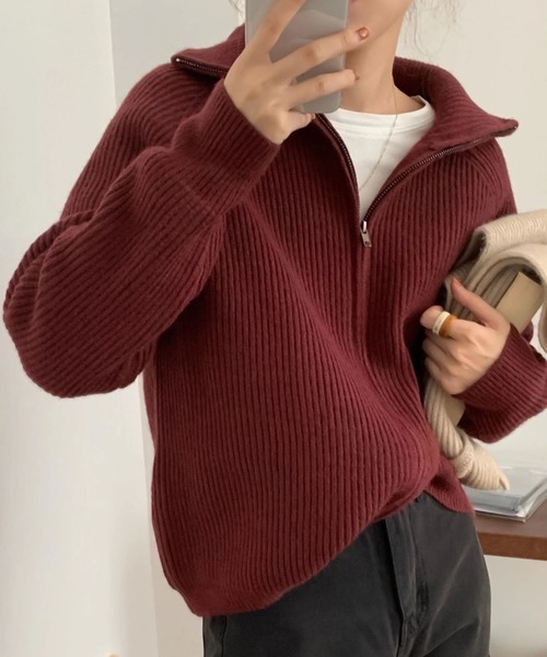 Girly Doll（ガーリードール）の「ジップニットジャケット（ニット/セーター・レディース・ライトグレー/ブラック/オフホワイト/ボルドー/モカ・FREE）」の5枚目の写真