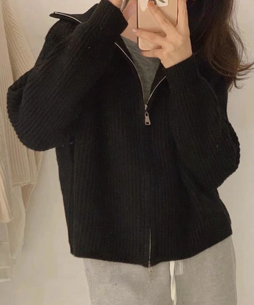 Girly Doll（ガーリードール）の「ジップニットジャケット（ニット/セーター・レディース・ライトグレー/ブラック/オフホワイト/ボルドー/モカ・FREE）」の3枚目の写真