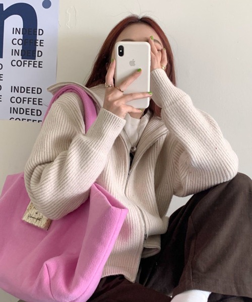 Girly Doll（ガーリードール）の「ジップニットジャケット（ニット/セーター・レディース・ライトグレー/ブラック/オフホワイト/ボルドー/モカ・FREE）」の16枚目の写真