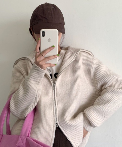 Girly Doll（ガーリードール）の「ジップニットジャケット（ニット/セーター・レディース・ライトグレー/ブラック/オフホワイト/ボルドー/モカ・FREE）」の17枚目の写真