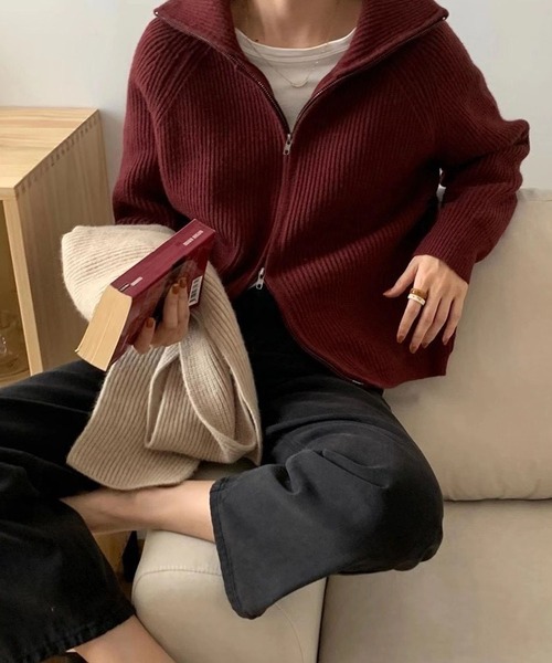 Girly Doll（ガーリードール）の「ジップニットジャケット（ニット/セーター・レディース・ライトグレー/ブラック/オフホワイト/ボルドー/モカ・FREE）」の21枚目の写真