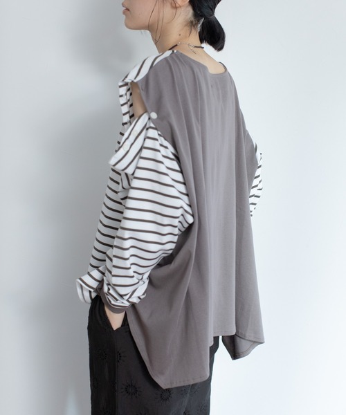 audrey and john wad（オードリーアンドジョンワッド）の「ボーダーフレアプルオーバー -手洗い可能-（Tシャツ/カットソー・レディース・ラベンダー/ライトグリーン/ブルー/ダークブラウン・FREE）」の2枚目の写真