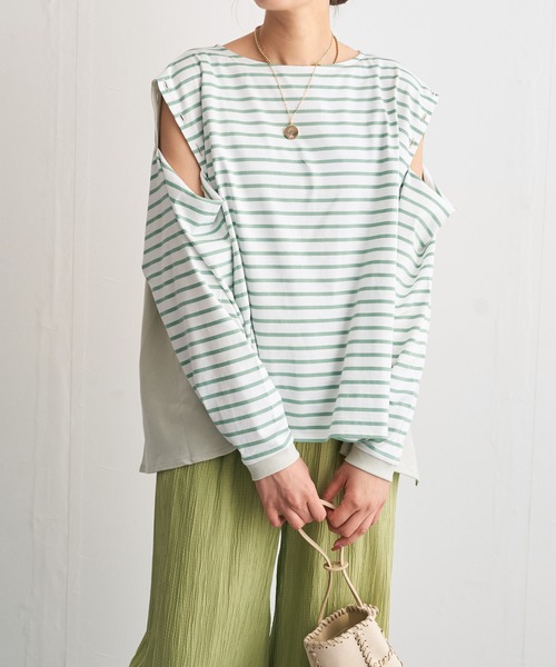 audrey and john wad（オードリーアンドジョンワッド）の「ボーダーフレアプルオーバー -手洗い可能-（Tシャツ/カットソー・レディース・ラベンダー/ライトグリーン/ブルー/ダークブラウン・FREE）」の7枚目の写真