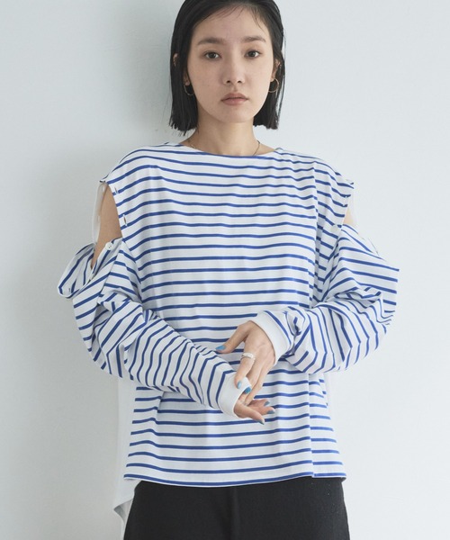 audrey and john wad（オードリーアンドジョンワッド）の「ボーダーフレアプルオーバー -手洗い可能-（Tシャツ/カットソー・レディース・ラベンダー/ライトグリーン/ブルー/ダークブラウン・FREE）」の15枚目の写真