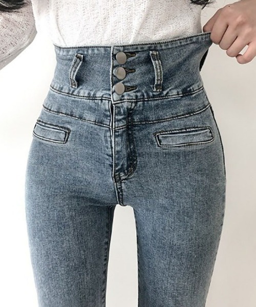 BEIDELLI（ベイデリー）の「[BELLIDE MADE] ハイウエストスリーボタンスキニーデニム（デニムパンツ・レディース・ブラック/ライトブルー・SMALL/MEDIUM/LARGE）」の3枚目の写真