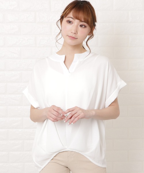 Lace Ladies(レースレディース)の「フロントタック半袖スキッパーシャツ(シャツ/ブラウス・レディース・ブラック/グレー/ホワイト/ネイビー/ミント・FREE)」の2枚目の写真