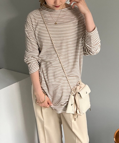 CAPRICIEUX LE'MAGE（カプリシューレマージュ）の「シアーボーダーBIG Tシャツ（Tシャツ/カットソー・レディース・ブラック/ベージュ・FREE）」の3枚目の写真