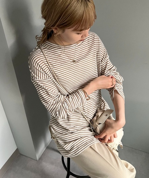 CAPRICIEUX LE'MAGE（カプリシューレマージュ）の「シアーボーダーBIG Tシャツ（Tシャツ/カットソー・レディース・ブラック/ベージュ・FREE）」の6枚目の写真