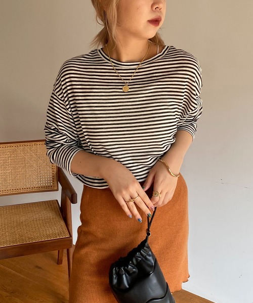 CAPRICIEUX LE'MAGE（カプリシューレマージュ）の「シアーボーダーBIG Tシャツ（Tシャツ/カットソー・レディース・ブラック/ベージュ・FREE）」の12枚目の写真