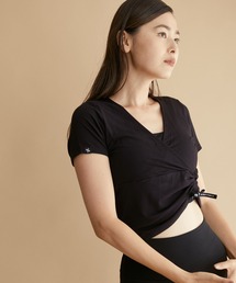 【XEXYMIX】ソフトタッチリボン付きシャーリング半袖Tシャツ