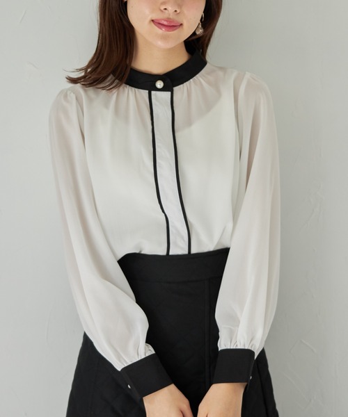 tocco closet（トッコ　クローゼット）の「【ZOZO限定】パール釦付き配色スタンドカラーブラウス（シャツ/ブラウス・レディース・オフホワイト/ブラウン系その他・M）」の6枚目の写真