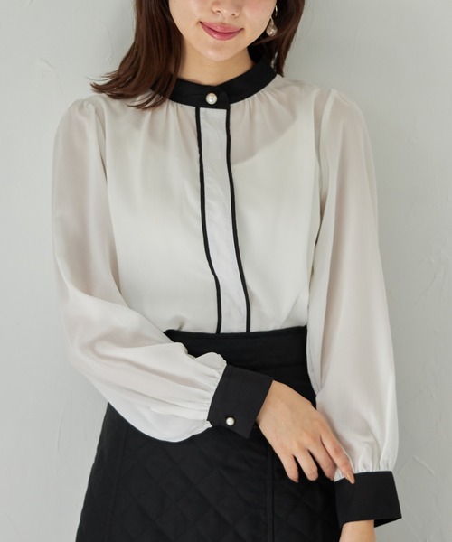 tocco closet（トッコ　クローゼット）の「【ZOZO限定】パール釦付き配色スタンドカラーブラウス（シャツ/ブラウス・レディース・オフホワイト/ブラウン系その他・M）」の3枚目の写真