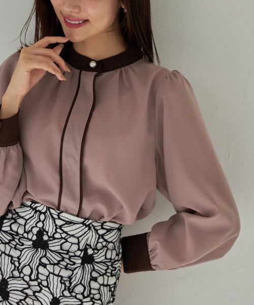 tocco closet（トッコ　クローゼット）の「【ZOZO限定】パール釦付き配色スタンドカラーブラウス（シャツ/ブラウス・レディース・オフホワイト/ブラウン系その他・M）」の18枚目の写真