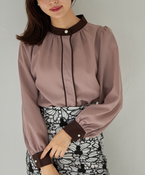 tocco closet（トッコ　クローゼット）の「【ZOZO限定】パール釦付き配色スタンドカラーブラウス（シャツ/ブラウス・レディース・オフホワイト/ブラウン系その他・M）」の13枚目の写真